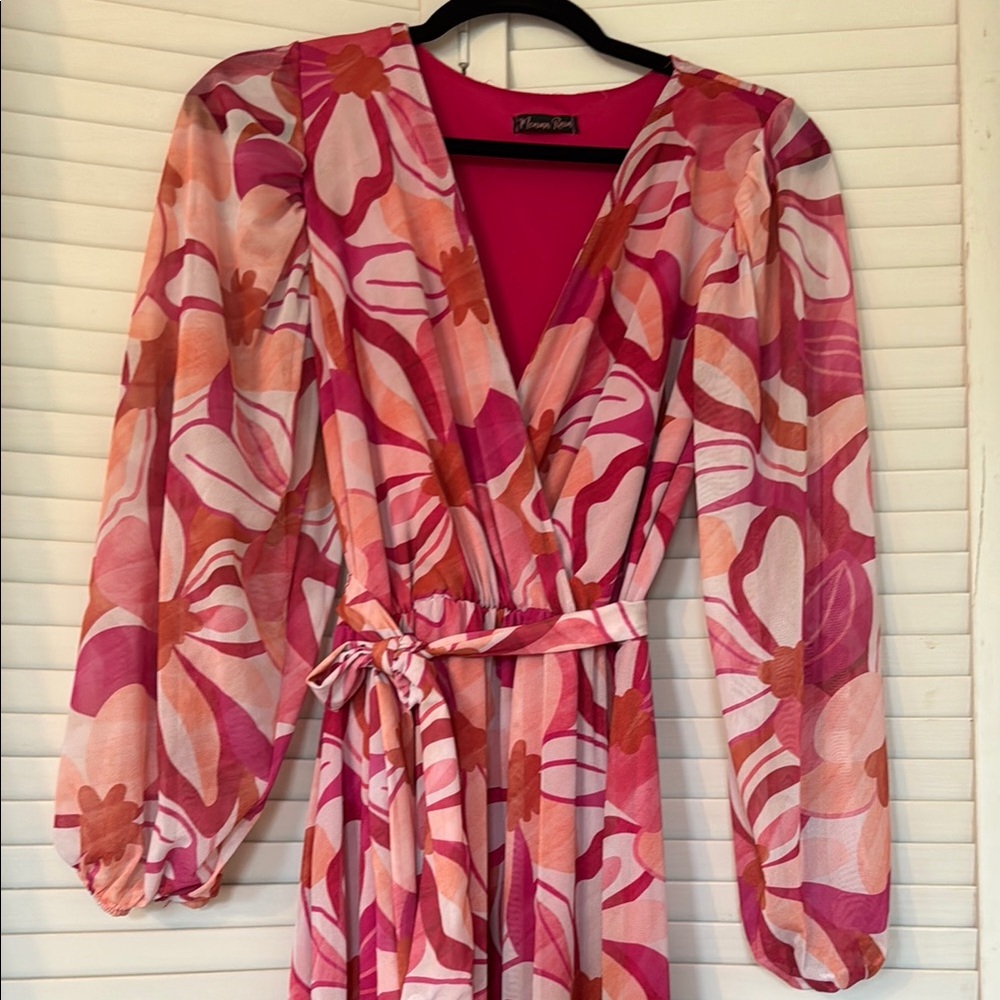 Pink and White Floral Wrap Gown with Bishop Sleeves - Picture 2 of 13